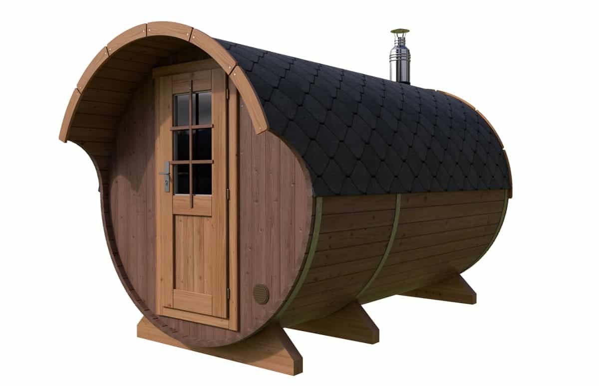 Fasssauna mit Vordach Thermo Holz