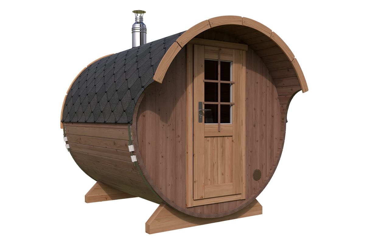 Kleine Fasssauna mit Vordach | TG014 | Thermo Holz