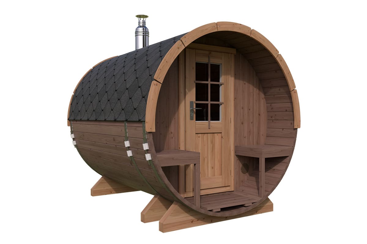 Kleine Fasssauna mit Terrasse | TG015 | Thermo Holz