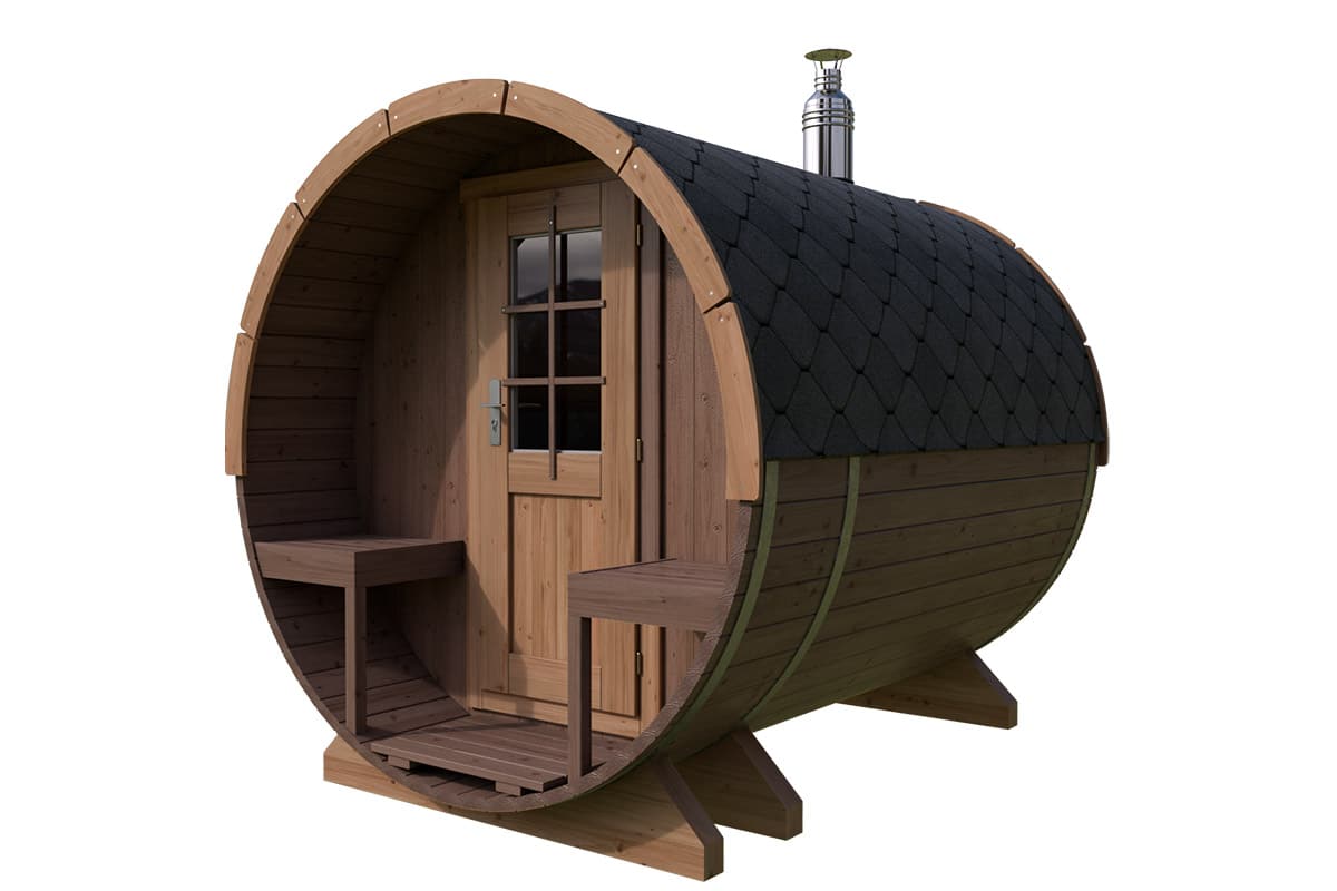 Kleine Fasssauna mit Terrasse | TG015 | Thermo Holz
