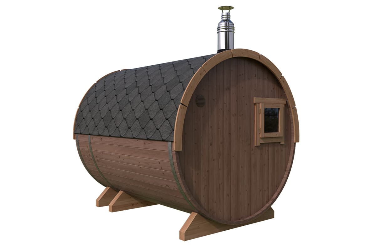 Kleine Fasssauna mit Terrasse | TG015 | Thermo Holz