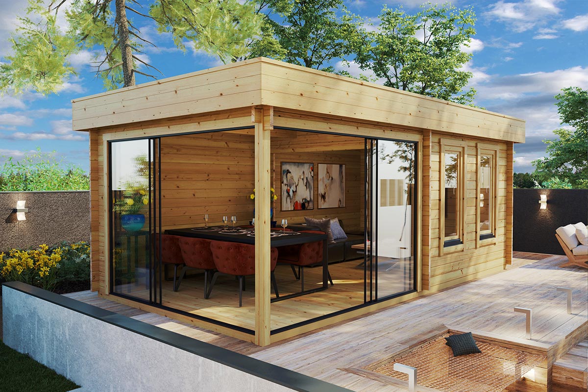 Modernes Gartenhaus mit Aluminium-Schiebetüren