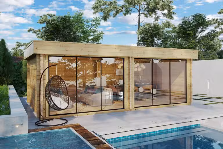 Großes Gartenhaus aus Holz mit vollständig zu öffnender Vorderseite