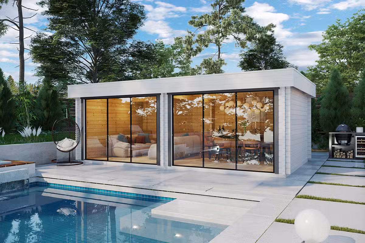 Großes Gartenhaus aus Holz mit vollständig zu öffnender Vorderseite