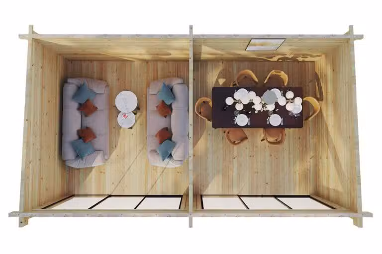 Großes Gartenzimmer aus Holz – Raumaufteilung von oben