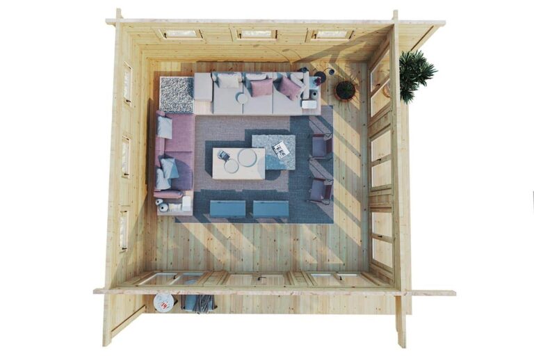 Geräumiges Gartenhaus aus Holz mit Veranda – Raumaufteilung von oben