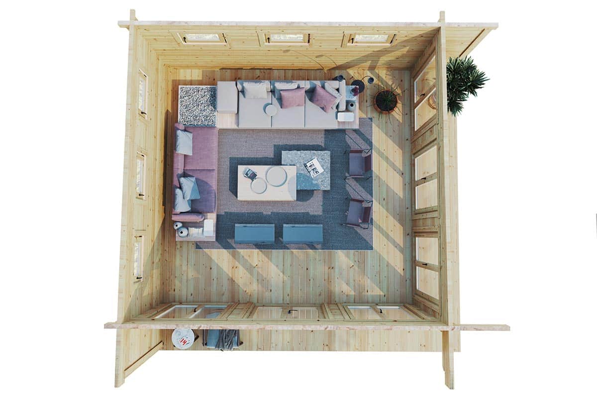 Geräumiges Gartenhaus aus Holz mit Veranda – Raumaufteilung von oben