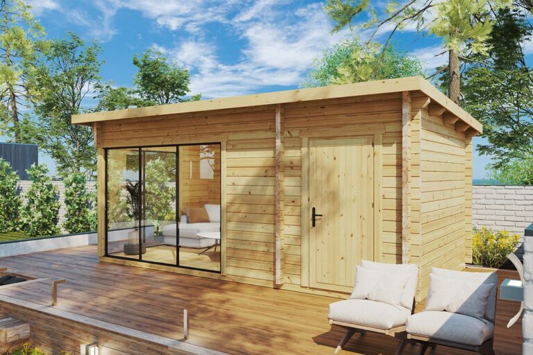 Modernes Gartenhaus mit Schuppen und Aluminium-Schiebetüren