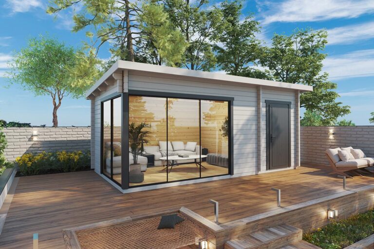 modernes Gartenhaus mit Schuppen und Aluminium-Schiebetüren - weiß und dunkelgrau lackiert