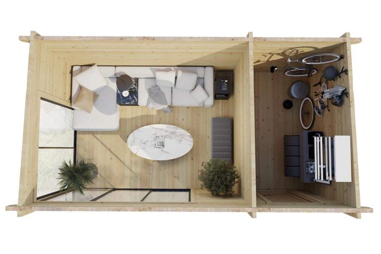 modernes Gartenhaus mit Schuppen und Aluminium-Schiebetüren – Raumaufteilung von oben