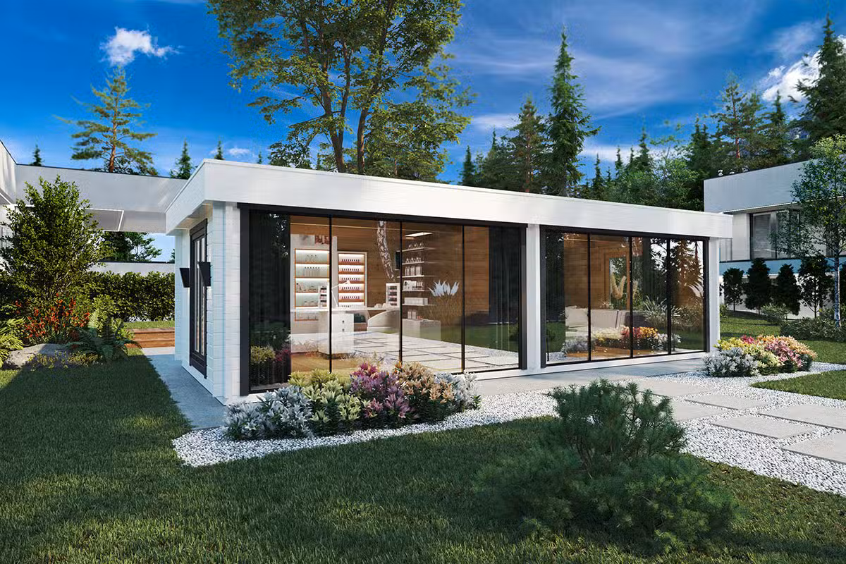 Großes, modernes Gartenzimmer aus Holz mit 2 breiten Schiebetüren – außen lackiert
