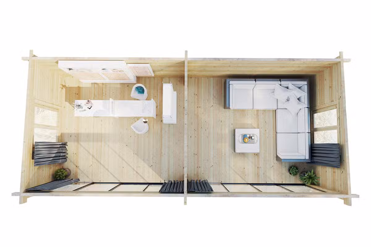 Großes, modernes Gartenzimmer aus Holz mit 2 breiten Schiebetüren – Grundriss