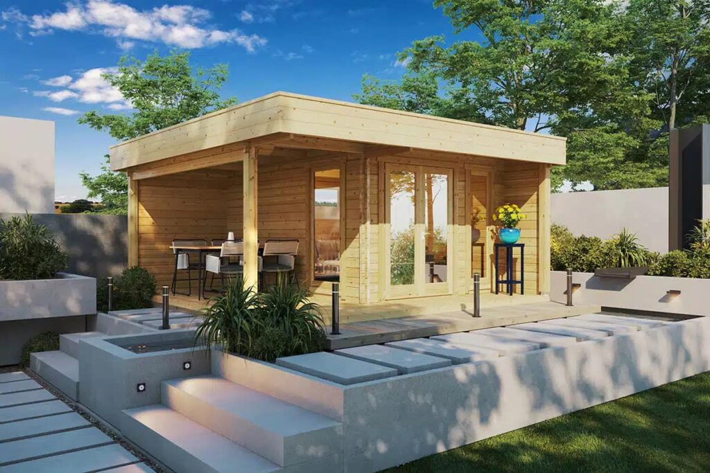modernes Gartenhaus mit Terrasse