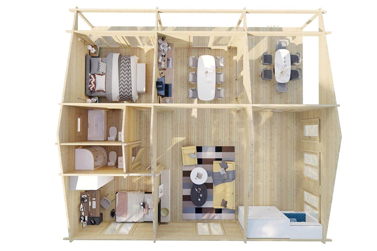 Zwei-Schlafzimmer Blockhaus Ferienhaus “Daisy” 10x10m mit Schlafboden, mit Terrasse