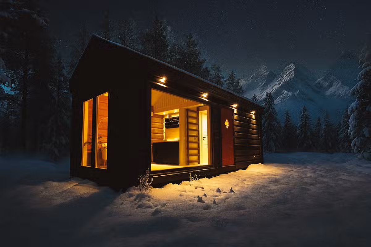 Hölzernes Tinyhouse in den Bergen bei Nacht