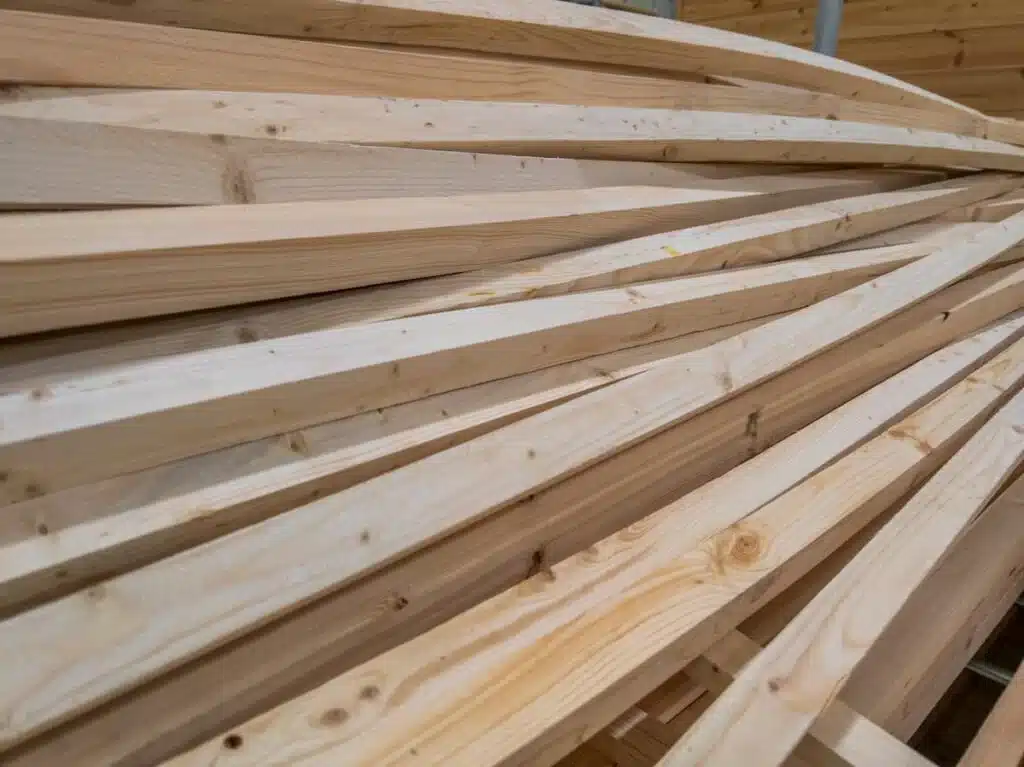 stapel langer holzbalken mit quadratischem querschnitt leicht gebogen