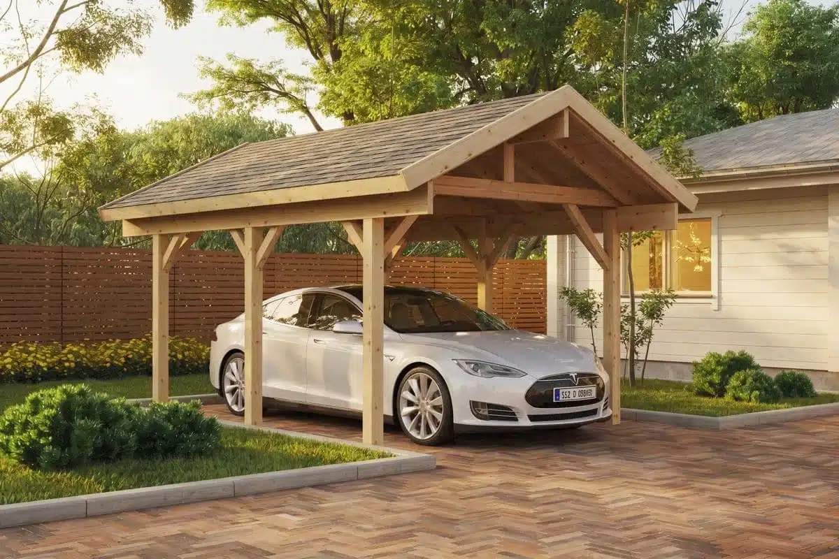 Holzcarport mit Auto