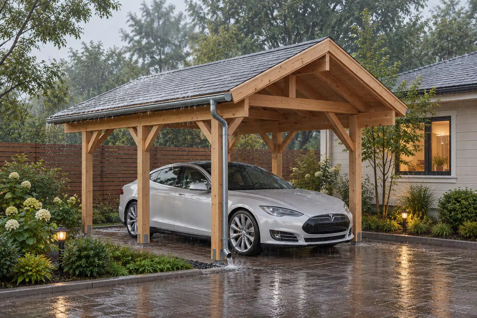 Holzcarport mit Dachrinne