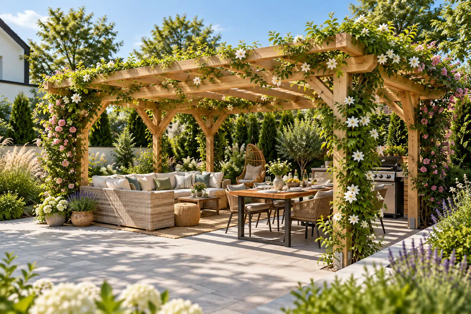 Offene Holzpergola im Garten